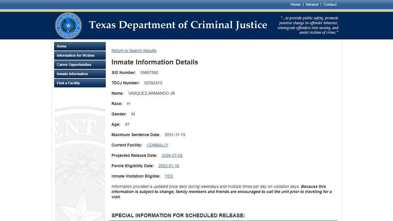TDCJ Inmate Search - Inmate Details